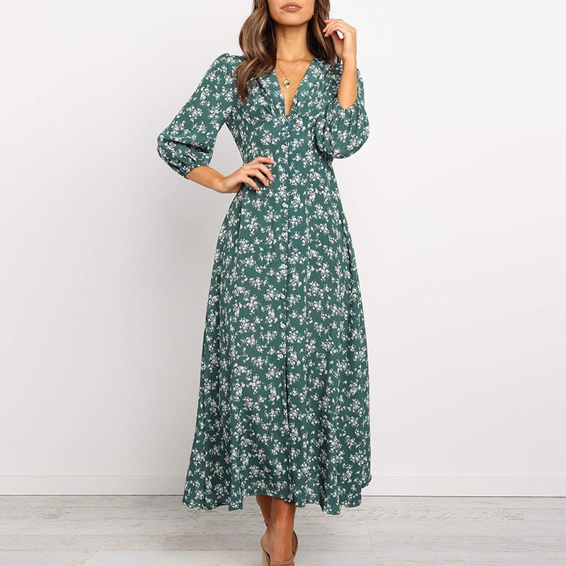 Hirigin Floral Dress Boho Woman V Neck Flower Print Fit and Flare Midi Dress Fashion 3/4 Sleeve High Waist Chiffon Dress