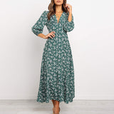 Hirigin Floral Dress Boho Woman V Neck Flower Print Fit and Flare Midi Dress Fashion 3/4 Sleeve High Waist Chiffon Dress