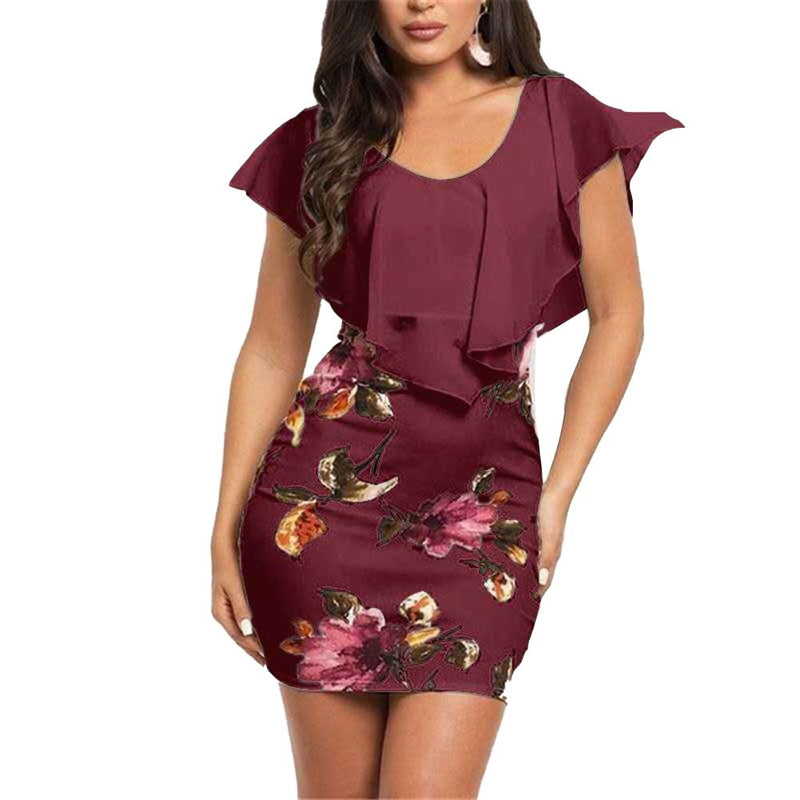 Fashion Summer Women Plus Size Clothes False Tow Pieces Ruffled Retro Flower Print Bodycon Slim Evening Party Office Mini Dress