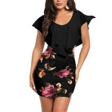 Fashion Summer Women Plus Size Clothes False Tow Pieces Ruffled Retro Flower Print Bodycon Slim Evening Party Office Mini Dress