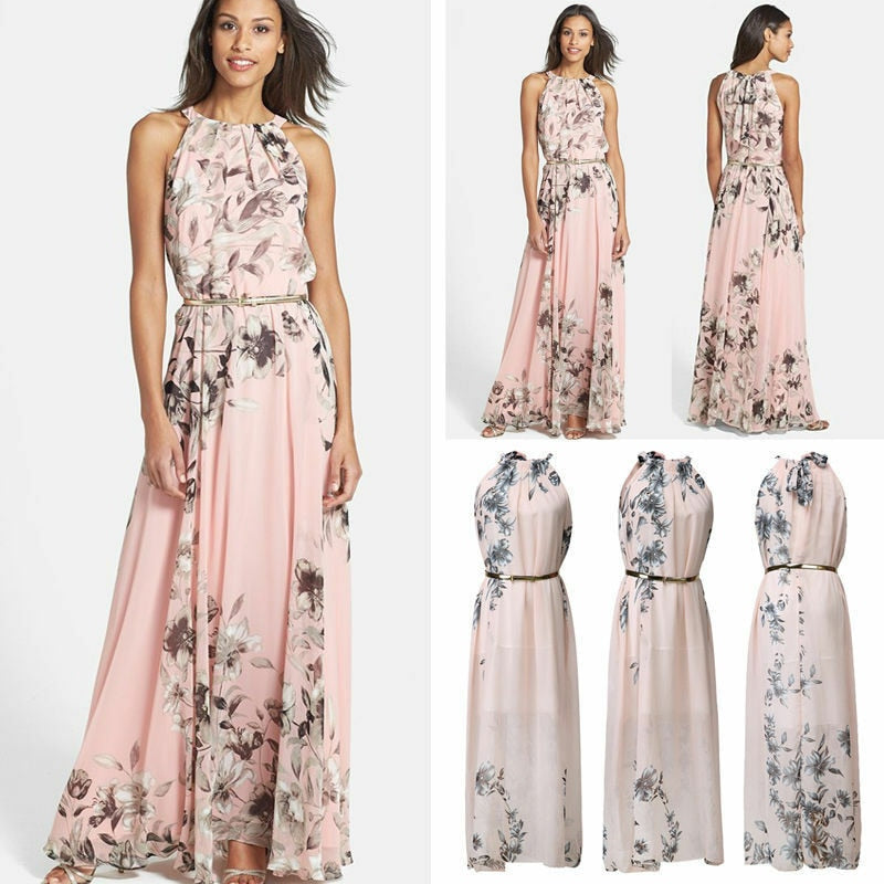 Summer Women Sexy sleeveless Back Chiffon Dress Pink Flower Dresses 2019 New Casual Elegant Slim Women Dress