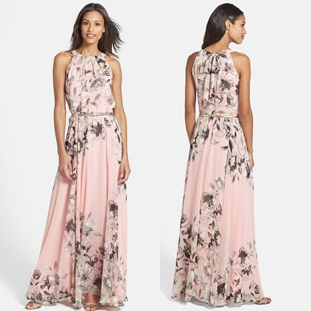 Summer Women Sexy sleeveless Back Chiffon Dress Pink Flower Dresses 2019 New Casual Elegant Slim Women Dress