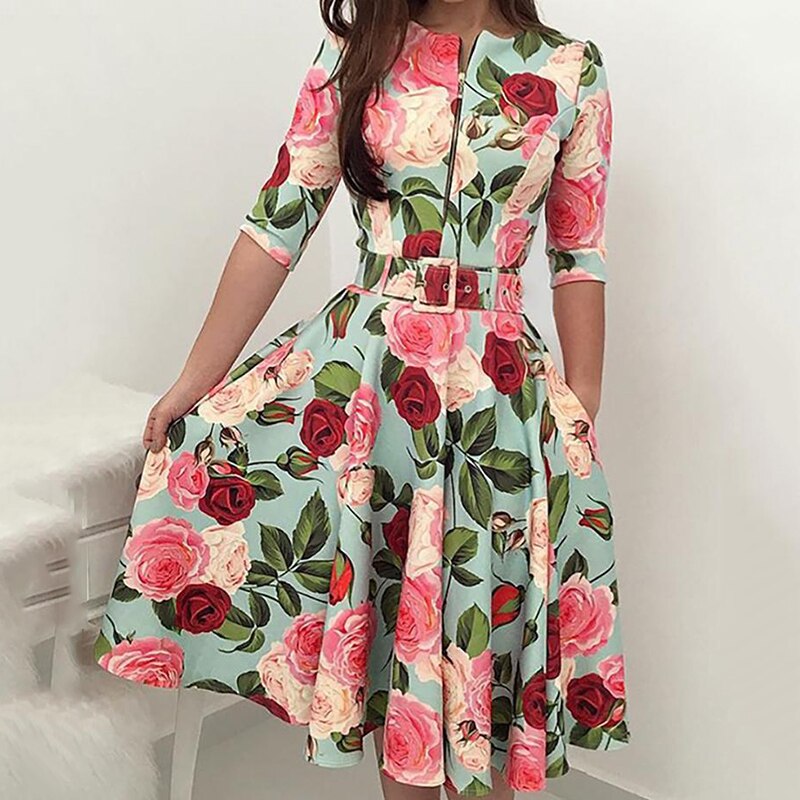 Casual Flower Printed Five-point Sleeve Zipper Party Midi Dress with Belt