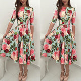 Casual Flower Printed Five-point Sleeve Zipper Party Midi Dress with Belt
