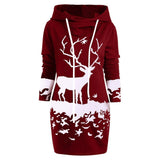 Winter Christmas Sweatshirt Women Monochrome Reindeer Printed Hooded Long Pullovers Femme Christmas Drawstring Hooded Mini Dress