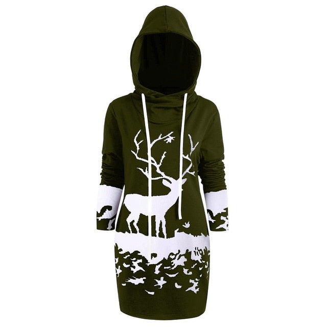Winter Christmas Sweatshirt Women Monochrome Reindeer Printed Hooded Long Pullovers Femme Christmas Drawstring Hooded Mini Dress