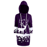Winter Christmas Sweatshirt Women Monochrome Reindeer Printed Hooded Long Pullovers Femme Christmas Drawstring Hooded Mini Dress
