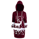 Winter Christmas Sweatshirt Women Monochrome Reindeer Printed Hooded Long Pullovers Femme Christmas Drawstring Hooded Mini Dress