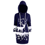 Winter Christmas Sweatshirt Women Monochrome Reindeer Printed Hooded Long Pullovers Femme Christmas Drawstring Hooded Mini Dress