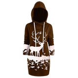Winter Christmas Sweatshirt Women Monochrome Reindeer Printed Hooded Long Pullovers Femme Christmas Drawstring Hooded Mini Dress